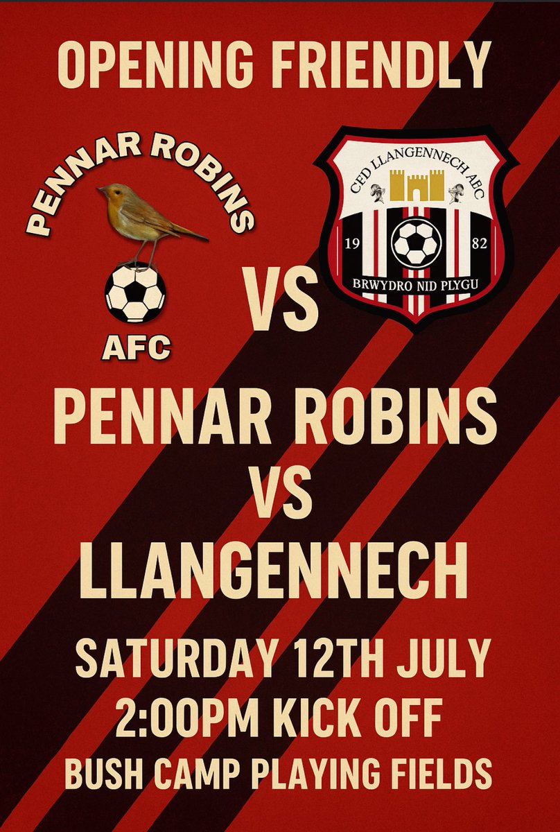 Pennar Robins A.F.C (@pennarrobinsfc) on Twitter photo We look forward to welcoming <a href="/llangennechafc/">Llangennech AFC</a> to Bush Camp for our opening friendlies on Saturday. A little earlier than normal but it will be good to get going! 🤝
#UTR 🔴⚫️ We look forward to welcoming <a href="/llangennechafc/">Llangennech AFC</a> to Bush Camp for our opening friendlies on Saturday. A little earlier than normal but it will be good to get going! 🤝
#UTR 🔴⚫️