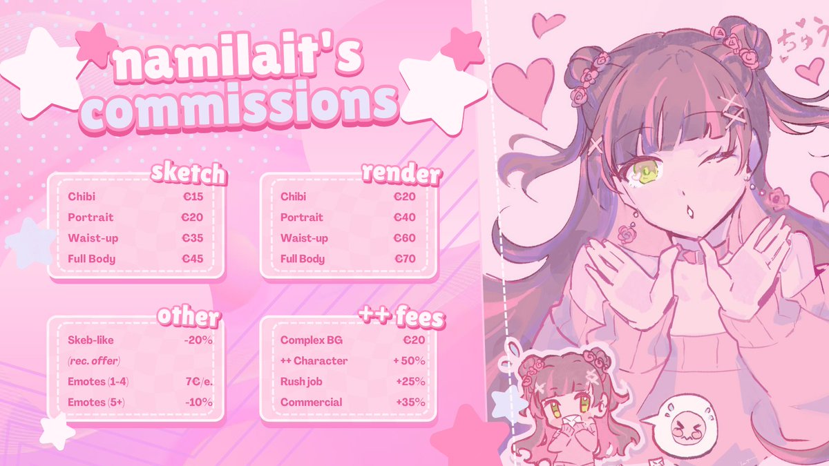 namilait's tweet image. 🏖 Commissions Summer Sale! 💖
All Sketch and Render type commissions for July and August will receive a 15% discount!
N.B. Skeb-like & Emotes not included. Please see the pinned tweet for contact information!
#VGenComm #commissionsopen