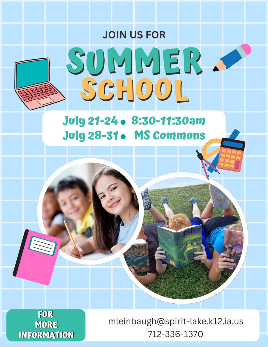Get a Jump Start on the New School Year!
Middle School Summer School is the perfect way to sharpen your skills, boost your confidence, and stay active over the summer. 
No registration needed—just come on in!
📅 July 21–24 &amp; July 28–31
🕛 8:30 - 11:30 am
📍Middle School Commons