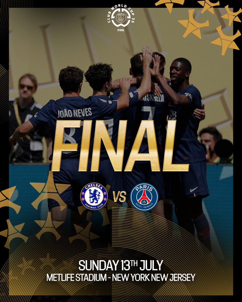 Chelsea x Paris Saint-Germain. 
Domingo, 13 de julho. 

É A FINAL DA COPA DO MUNDO DE CLUBES! 🔥

#CHEPSG I #FIFACWC