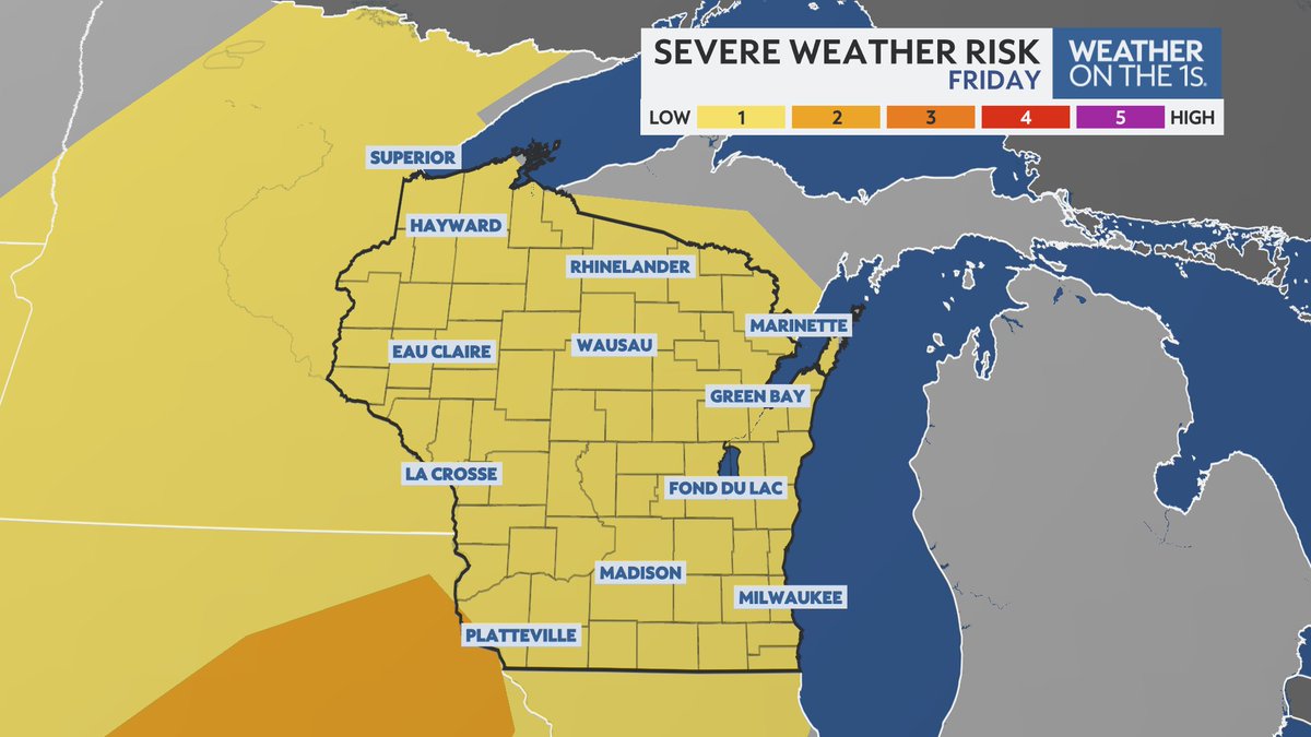 WeatherKirchner's tweet image. Wisconsin holds onto the quiet weather through the first half of Thursday, then be on the lookout for showers and storms starting in the afternoon (mainly for western Wisconsin).
Additional storms may bring some isolated severe risks to the state on Friday. Enjoy the quiet!