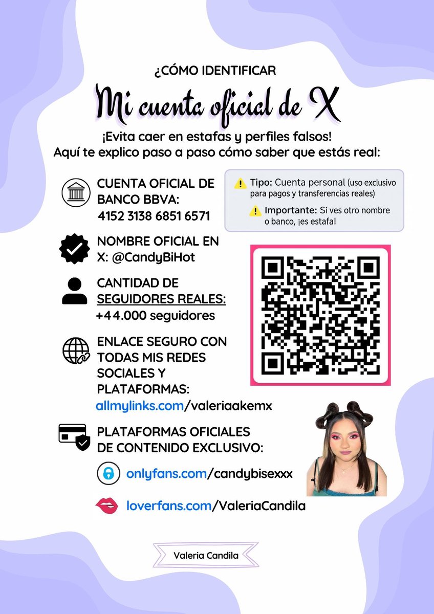 📢 ¡Evita estafas!
Te comparto cómo identificar mi única cuenta oficial de X y plataformas reales.
Aquí está mi nombre, número de cuenta BBVA, redes seguras y enlaces oficiales.
Si ves otro nombre, usuario o banco… ¡es un perfil falso!

🔗 Enlace seguro: allmylinks.com/valeriaakemx