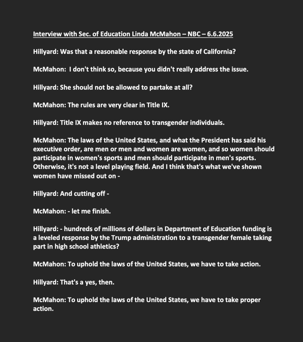 VaughnHillyard's tweet image. DOJ now suing California for allowing transgender athletes from competing on the team reflective of their gender identity.
To note, Title IX does not address gender identity / biological sex at birth but WH argues policy amounts to "sex" discrimination. nbcnews.com/nbc-out/out-po…