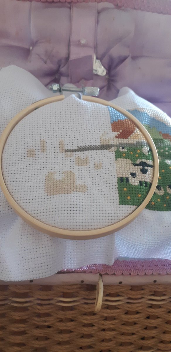 Day 11: Did the sheep in the second half of this project. Had hoped to get the wall finished, but ran out of grey thread. 😖🐑
#Sheep 
#CrossStitchTwitter