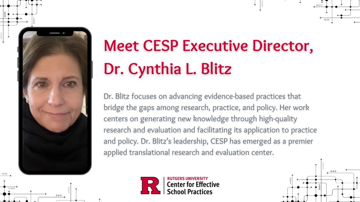 Rutgers CESP (@rutgerscesp) on Twitter photo Dr. Cynthia L. Blitz is CESP's Executive Director and a Research Professor at the Rutgers Graduate School of Education. The Center's success is directly tied to her expertise as a nationally recognized leader in applied research and evaluation. #Education #EducationResearch Dr. Cynthia L. Blitz is CESP's Executive Director and a Research Professor at the Rutgers Graduate School of Education. The Center's success is directly tied to her expertise as a nationally recognized leader in applied research and evaluation. #Education #EducationResearch
