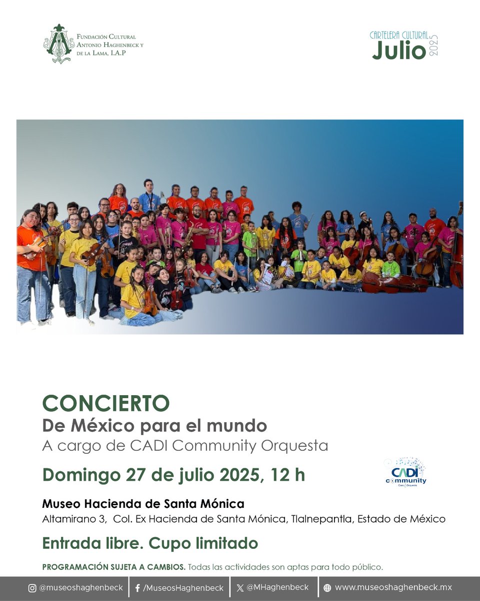 Imagina un concierto de cámara, con jóvenes promesas en el #MuseoHaciendaDeSantaMónica... 🤔

Traemos para ti a CADI Community Orquesta que presentará un gran concierto que no te puedes perder.  🎼😊🎼

#MuseosHaghenbeck
#MuseoCasaDeLaBola
#MuseoHaciendaDeSanCristóbalPolaxtla