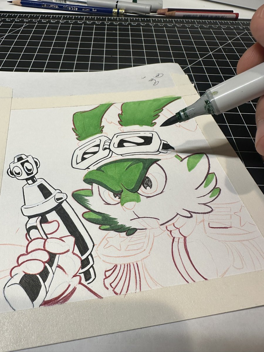 AlexDeligiannis's tweet image. Some process shots from last night of Captain Bucky O’Hare, currently in progress. Green laid down a little darker than I expected, but problem solving is part of the fun of working with real materials. Original available at Comic-Con in two weeks, Booth 1537. #sdcc #SDCC2025