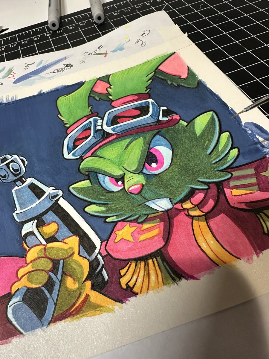 AlexDeligiannis's tweet image. Some process shots from last night of Captain Bucky O’Hare, currently in progress. Green laid down a little darker than I expected, but problem solving is part of the fun of working with real materials. Original available at Comic-Con in two weeks, Booth 1537. #sdcc #SDCC2025