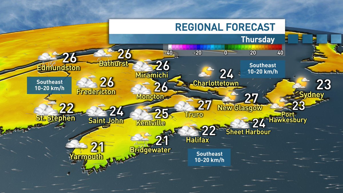 ryansnoddon's tweet image. Increasing clouds and shower chances through Thursday afternoon & evening.
Comfortable temperatures and humidity, however southeast winds will keep things cooler along the Atlantic coast.
Showers on tap for Friday, however we're still looking at a solid summer weekend.