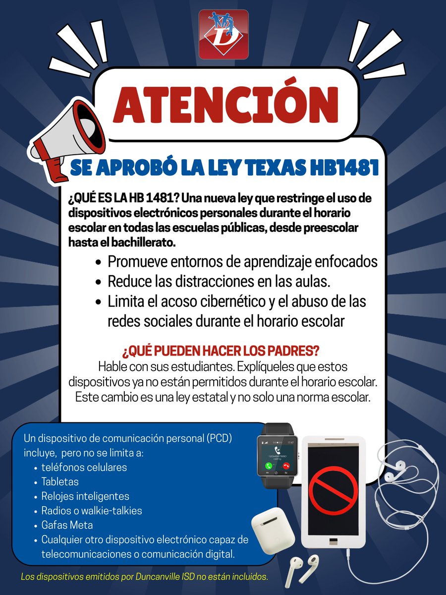 📵 New Law Alert: HB 1481 📵

Beginning this school year, House Bill 1481 requires school districts to adopt a policy restricting student use of personal electronic devices (phones, tablets, smartwatches, etc.) during the school day while on campus.

✅ Exceptions will be made