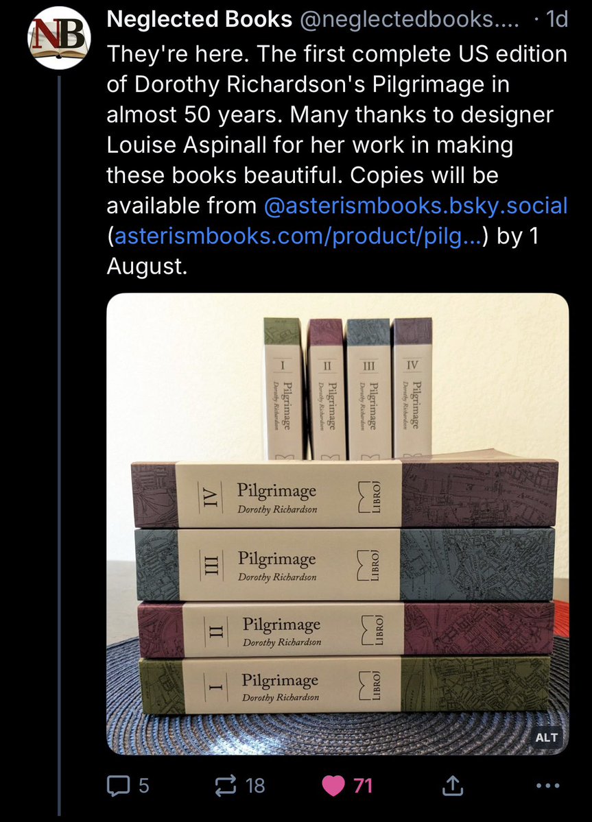 thethoughtofth1's tweet image. A new edition of Dorothy Richardson’s Pilgrimage will be available to order on August 1st 👀 can’t wait to get my hands on these. asterismbooks.com/product/pilgri…