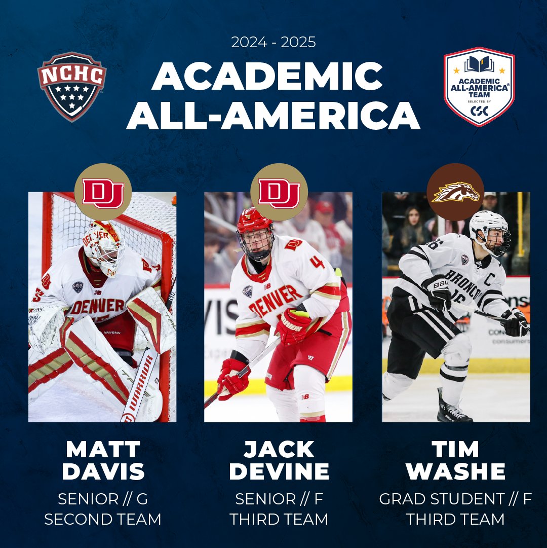 The NCHC (@thenchc) on Twitter photo #NCHChockey is home to 3⃣ of the 7 Division I men's <a href="/NCAAIceHockey/">NCAA Ice Hockey</a> players named Academic All-America this year! 📚🏒
Congrats to Matt Davis, Jack Devine & Tim Washe on earning this prestigious honor from <a href="/CollSportsComm/">College Sports Communicators</a>! 👏
📰: bit.ly/24-25AcademicA… #NCHChockey is home to 3⃣ of the 7 Division I men's <a href="/NCAAIceHockey/">NCAA Ice Hockey</a> players named Academic All-America this year! 📚🏒
Congrats to Matt Davis, Jack Devine & Tim Washe on earning this prestigious honor from <a href="/CollSportsComm/">College Sports Communicators</a>! 👏
📰: bit.ly/24-25AcademicA…