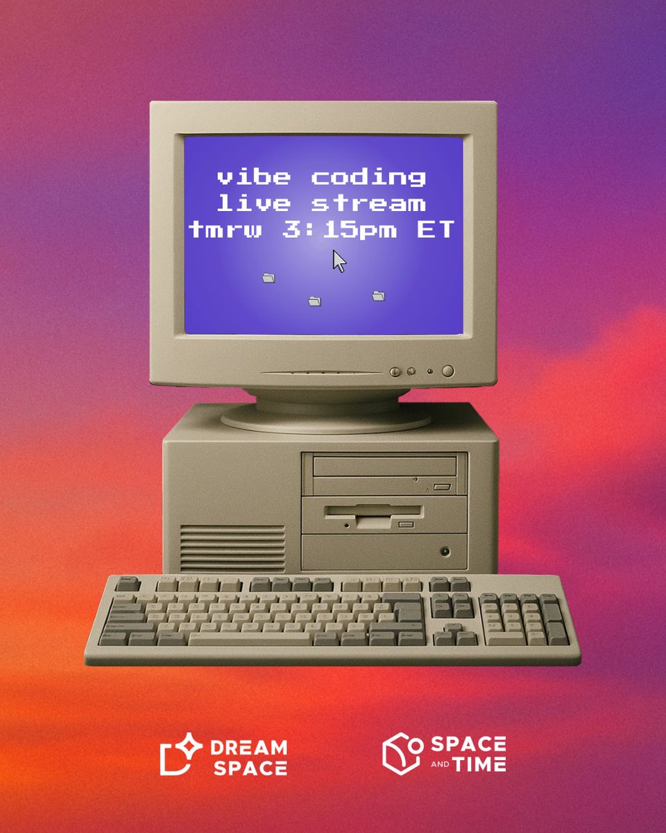 attn aspiring vibe coders ✨

we're going live tomorrow with chief buidl himself, Scott of <a href="/SpaceandTimeDB/">Space and Time</a>, to give you an exclusive sneak peek of Dreamspace alpha and teach you how to vibe code your first onchain app

⟡ thurs, june 10 @ 3:15pm ET
⟡ hosted by <a href="/dreamspaceHQ/">Dreamspace</a>
⟡