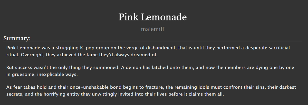 MaleMilfAO3's tweet photo. Pink Lemonade

🍋 NCT Dream ensemble / Mark focus
🍋 Rated Explicit
🍋 Supernatural Horror
🍋 9.5k words (chapter 1/?)

🔗 - https://t.co/4VTleACK9D https://t.co/lIVkQpiCpc