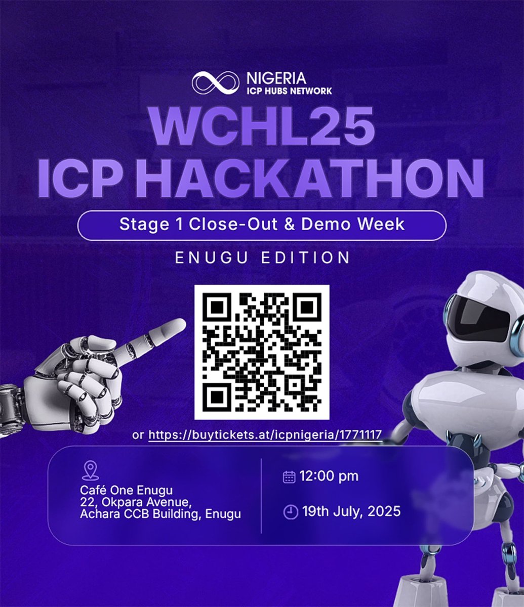 IMTBlockChain's tweet image. π WCHL25 ICP HACKTHON π± Enugu Edition
Stage 1β’Close Out & Demo Week is LIVE! π₯
π‘ Teams are battling to secure their spot for the next stage. Innovative ideas, groundbreaking projects, and real solutions are coming to life
Registration here
lu.ma/z5q7s9s3