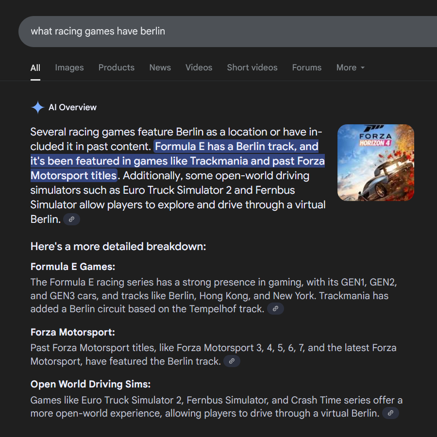 Ah yes, I love racing on the Berlin track in Forza Motorsport...

Looks like my job is still safe from AI for now, lol.