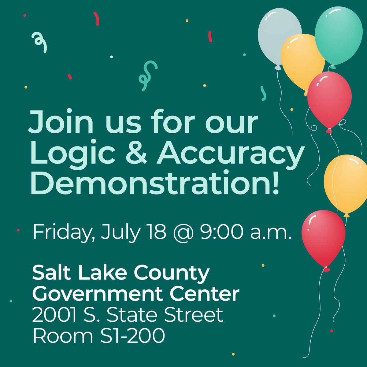 VoteSLCo's tweet image. Before each election, we run a Logic & Accuracy demonstration to ensure ballots will be counted correctly.
This public demo shows that our equipment works accurately and securely.
Come see it for yourself on Friday, July 18!