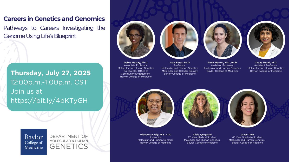 All of Us Evenings with Genetics Research Program (@bcm_aouewg) on Twitter photo .<a href="/bcmgenetics/">BCM Department of Molecular and Human Genetics</a> invites students to attend the Careers in Genetics and Genomics Virtual Series on Thursday, July 17 at 12 PM. Genetics and genomics clinicians, researchers, and trainees will share career and interests in these areas.
🔗 Register today: bit.ly/4keJFDT .<a href="/bcmgenetics/">BCM Department of Molecular and Human Genetics</a> invites students to attend the Careers in Genetics and Genomics Virtual Series on Thursday, July 17 at 12 PM. Genetics and genomics clinicians, researchers, and trainees will share career and interests in these areas.
🔗 Register today: bit.ly/4keJFDT