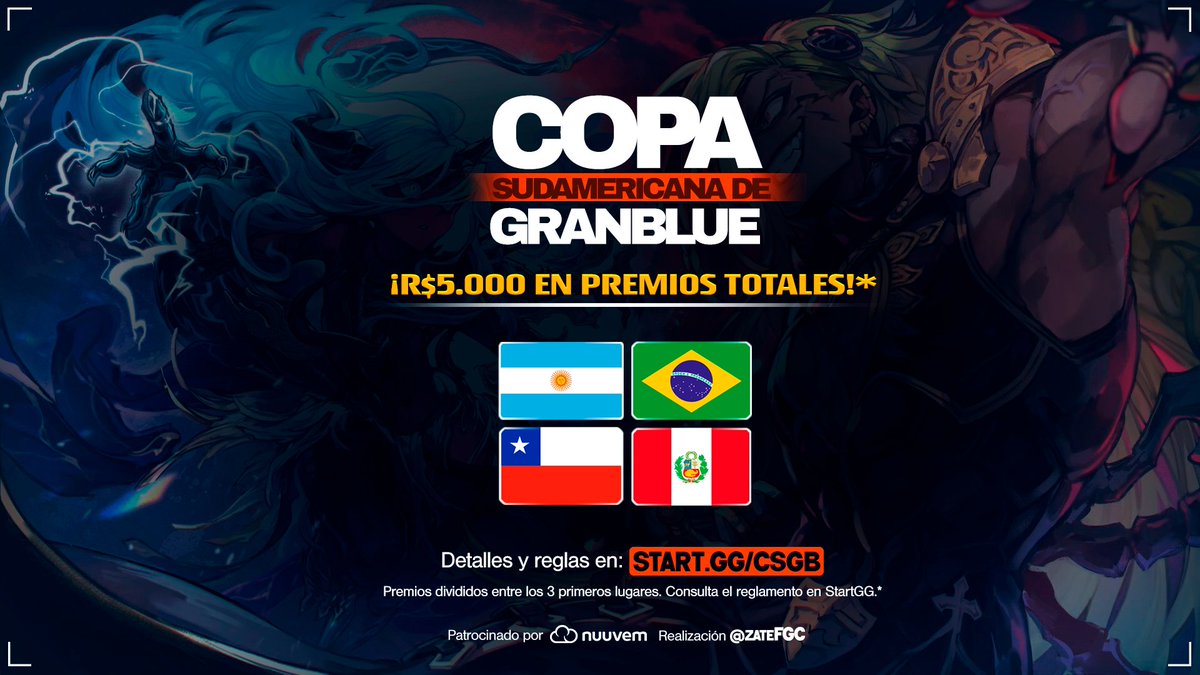¡La Copa Sudamericana de Granblue es REAL! Y ya tiene fecha confirmada.

Brasil, Argentina, Chile y Perú luchan por el podio y un premio de R$5.000*.

¿Crees que tienes lo que se necesita? Demuéstralo.

👉 Inscríbete y revisa el reglamento: start.gg/CSGB