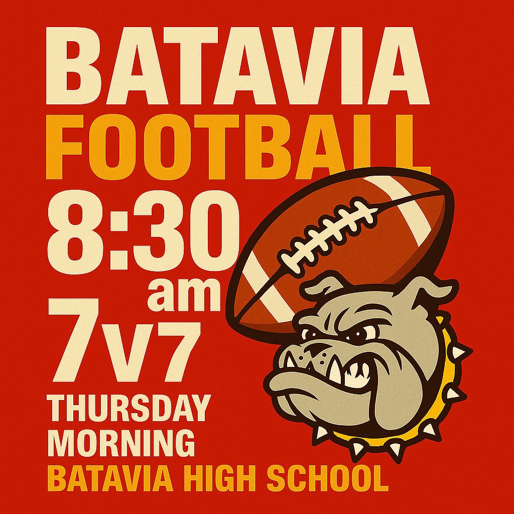 Batavia Football (@bataviafootball) on Twitter photo Come check out <a href="/BataviaFootball/">Batavia Football</a> will be hosting a 7-on-7 on Thursday July, 10th 2025.
First games begin at 8:30am, 10-10-5 format. Teams joining us <a href="/GenevaVikingsFB/">Viking Football</a> <a href="/HuntleyFB/">Huntley Red Raider Football</a> <a href="/BHSRaiders/">BHS Athletics</a> for the morning session. Come check out <a href="/BataviaFootball/">Batavia Football</a> will be hosting a 7-on-7 on Thursday July, 10th 2025.
First games begin at 8:30am, 10-10-5 format. Teams joining us <a href="/GenevaVikingsFB/">Viking Football</a> <a href="/HuntleyFB/">Huntley Red Raider Football</a> <a href="/BHSRaiders/">BHS Athletics</a> for the morning session.