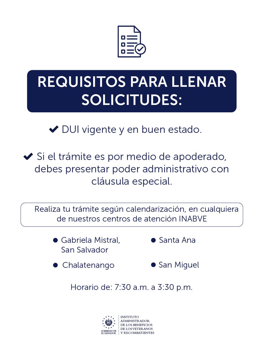 INABVESV's tweet image. Convocatoria para nuevo ingreso de paquetes UCADFA del 21 al 30. ✅
Realiza tu trámite según calendarización, en cualquiera de nuestros centros de atención INABVE
🕣 De 7:30 a.m. a 3:30 p.m.
🔗 Te compartimos los listados en nuestra página web: inabve.gob.sv/2025/07/7070/