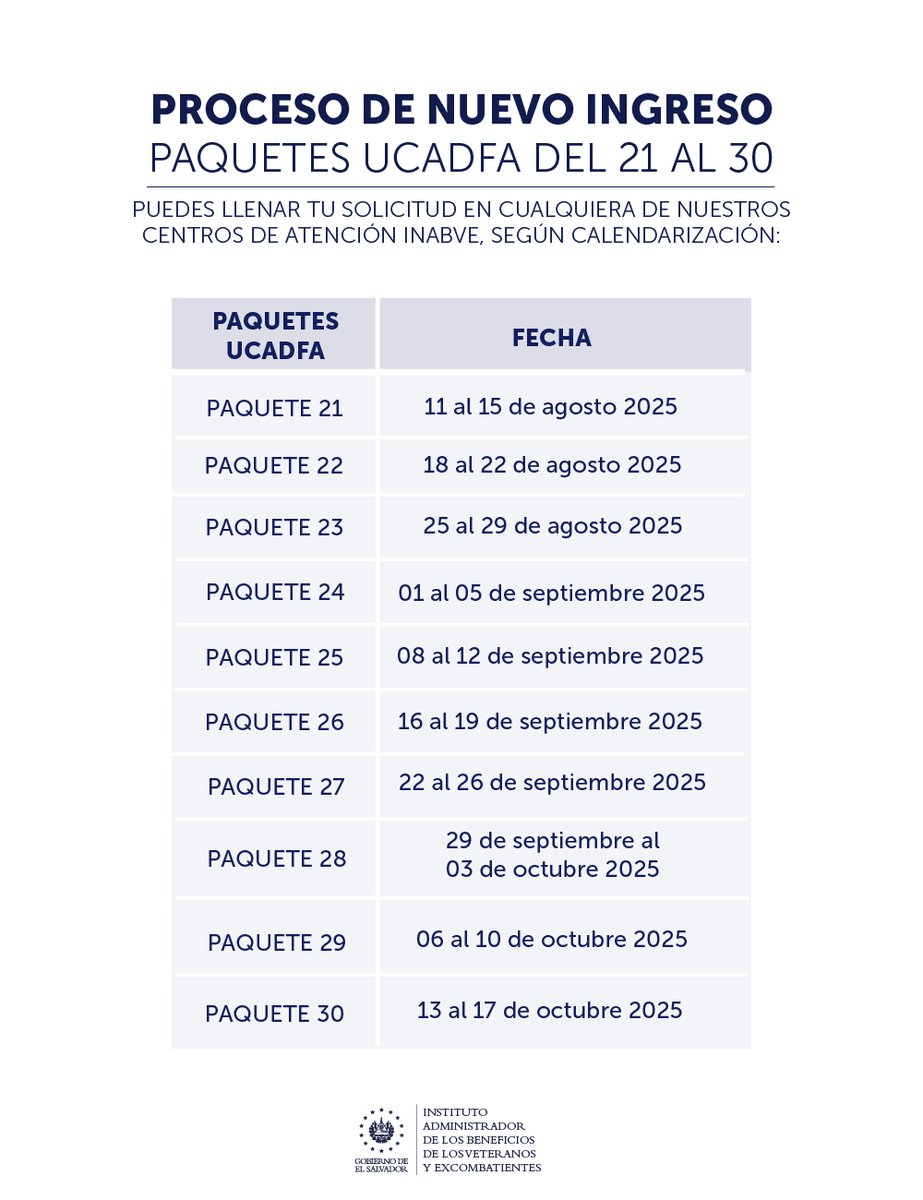 INABVESV's tweet image. Convocatoria para nuevo ingreso de paquetes UCADFA del 21 al 30. ✅
Realiza tu trámite según calendarización, en cualquiera de nuestros centros de atención INABVE
🕣 De 7:30 a.m. a 3:30 p.m.
🔗 Te compartimos los listados en nuestra página web: inabve.gob.sv/2025/07/7070/