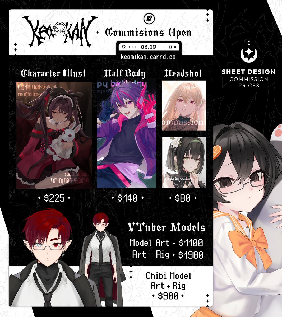 【Design Showcase】 
✦ Brand Design - Commission Sheet, Twitch Panels, VTuber Model Showcase, and Stream Assets.
✧ Client: <a href="/keomikan/">KEO</a>
• One of my fave aesthetics to work with 🙏

#VTuberAssets #Vtuber #VtuberEN