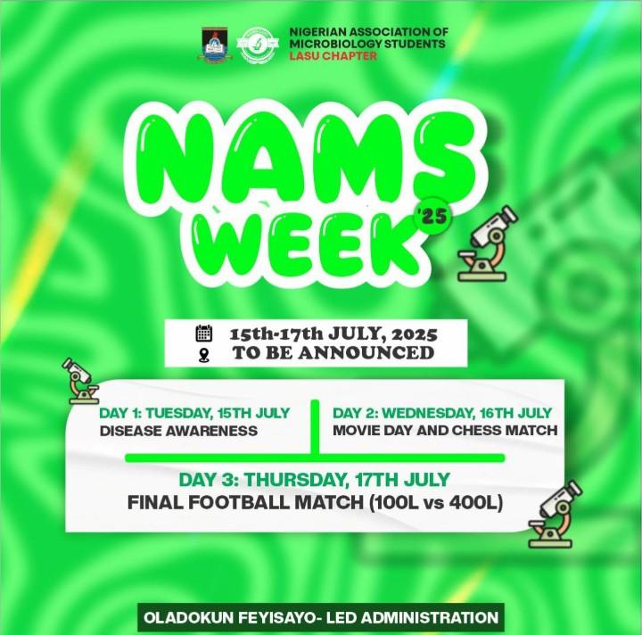 𝐍𝐀𝐌𝐒 𝐖𝐄𝐄𝐊 𝐈𝐒 𝐇𝐄𝐑𝐄!!
𝐀 𝐟𝐮𝐧, 𝐞𝐝𝐮𝐜𝐚𝐭𝐢𝐯𝐞 𝐚𝐧𝐝 𝐢𝐧𝐧𝐨𝐯𝐚𝐭𝐢𝐯𝐞 𝐩𝐫𝐨𝐠𝐫𝐚𝐦 𝐛𝐲 𝐭𝐡𝐞 𝐍𝐢𝐠𝐞𝐫𝐢𝐚𝐧 𝐀𝐬𝐬𝐨𝐜𝐢𝐚𝐭𝐢𝐨𝐧 𝐨𝐟 𝐌𝐢𝐜𝐫𝐨𝐛𝐢𝐨𝐥𝐨𝐠𝐲 𝐒𝐭𝐮𝐝𝐞𝐧𝐭𝐬,𝐋𝐀𝐒𝐔 🌹
𝐖𝐞 𝐚𝐫𝐞 𝐥𝐨𝐨𝐤𝐢𝐧𝐠 𝐟𝐨𝐫𝐰𝐚𝐫𝐝 𝐭𝐨 𝐢𝐭!.