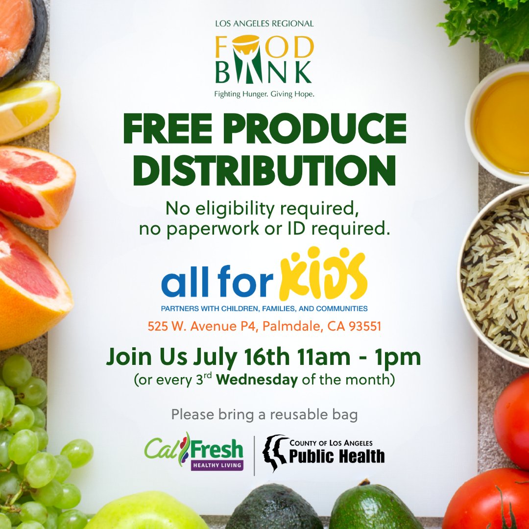 🥦🍓 FREE PRODUCE DISTRIBUTION! 🍅🥬 Join us July 16th, 11AM–1PM for fresh, FREE fruits &amp; veggies! 📍 525 W. Avenue P4, Palmdale, CA 93551. No registration needed—just stop by! 🌽🌻 #AllForKids #FreeProduce #HealthyKids #CommunitySupport #FoodForFamilies