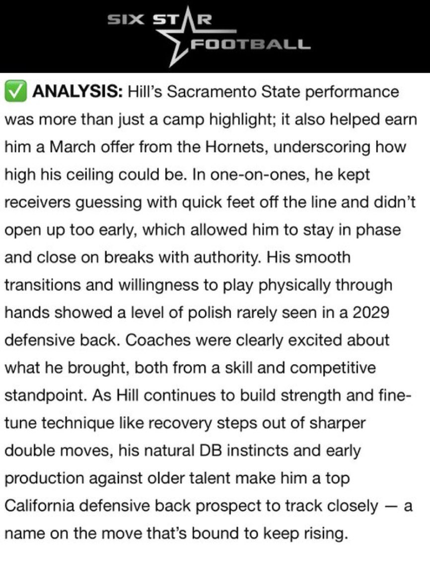 Grateful for the camp evaluation from <a href="/sixstarfootball/">Six Star Football | PLUS+</a>

Appreciate the recognition , more work to do! <a href="/BrandonHuffman/">Brandon Huffman</a> <a href="/alecsimpson5/">Alec Simpson</a> <a href="/PGregorian/">Paul Gregorian</a> 

<a href="/CoachMikeHillSF/">Mike Hill Jr.</a> <a href="/CoachTTMP/">5 ⭐ Coach T Dubb TMP 🏁 🐐</a> <a href="/2Ddavis/">Ddavis</a> <a href="/CoachNeilParry/">Neil Parry</a>