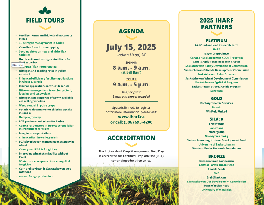 We're less than a week away, but it's not too late to reigster for the Indian Head Crop Management Field Day coming up on Tuesday, July 15! iharf.ca/indian-head-cr… <a href="/SaskPulse/">Saskatchewan Pulse Growers</a> <a href="/SaskWheat/">Sask Wheat</a> <a href="/SaskOilseeds/">SaskOilseeds</a> <a href="/SaskBarley/">SaskBarley</a> <a href="/OatGrowers/">Prairie Oat Growers Association</a>