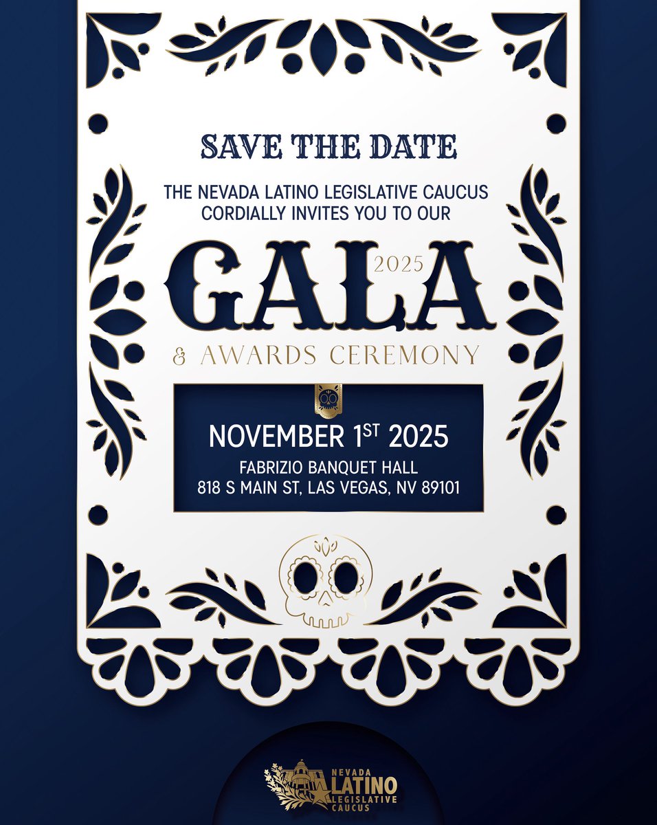 Save the Date! 💫Join the NLLC for a night of unity, recognition, and cultura at our 2025 Gala &amp; Awards Ceremony!
🗓 November 1st, 2025
📍 Fabrizio Banquet Hall, Las Vegas
Come show YOUR support for Nevada’s Latino Community! You won’t want to miss it! See you then!💙 #NLLC