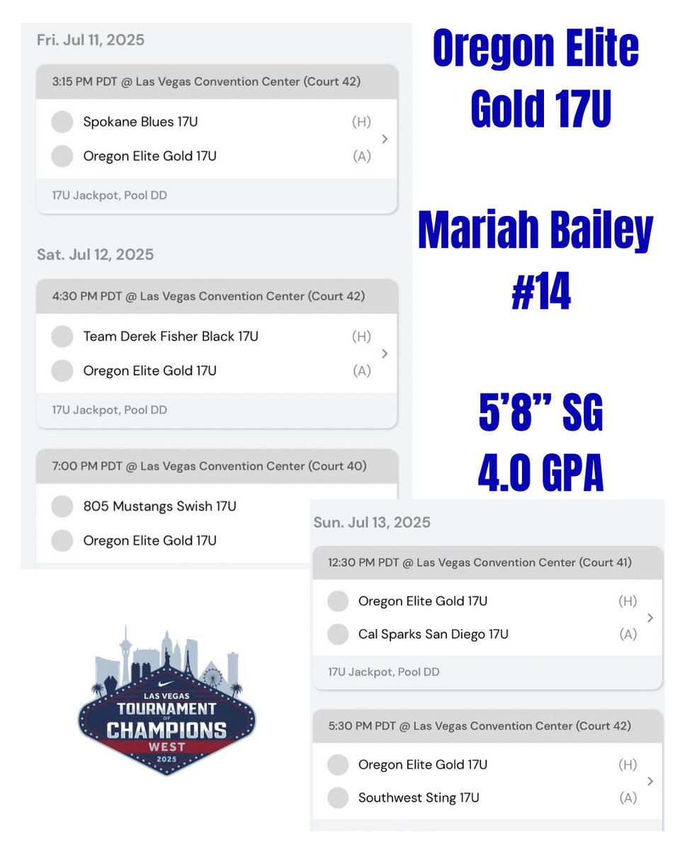 Mariah Bailey (@bailey_mariah26) on Twitter photo Excited to play in Las Vegas this weekend at the <a href="/niketoc/">Nike Tournament of Champions</a> with <a href="/OregonEliteBbx/">Oregon Elite</a> 🏀 Should be a fun tournament! #classof2026 #shooter Excited to play in Las Vegas this weekend at the <a href="/niketoc/">Nike Tournament of Champions</a> with <a href="/OregonEliteBbx/">Oregon Elite</a> 🏀 Should be a fun tournament! #classof2026 #shooter