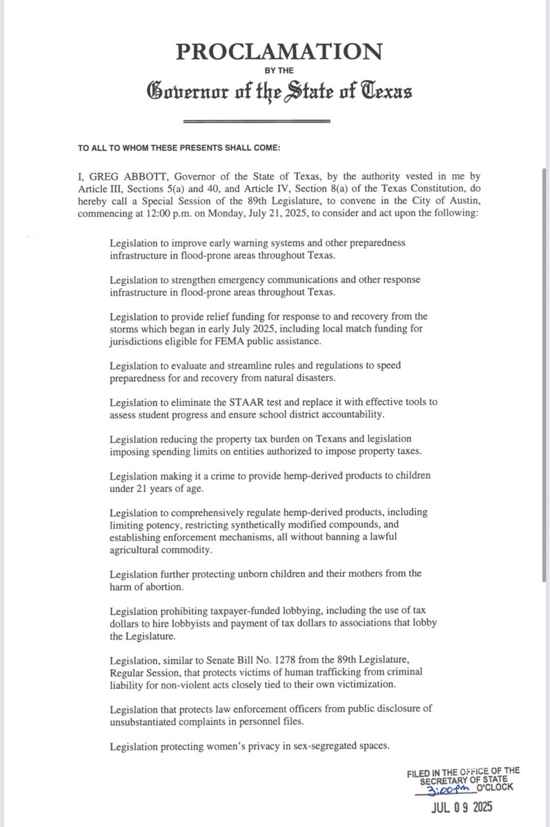 AngelaPaxtonTX's tweet image. Governor @GregAbbott_TX has filed the official proclamation for a Special Session to begin Monday, July 21st at noon. Agenda items include:
🚨 FLOOD WARNING SYSTEMS
☎️ FLOOD EMERGENCY COMMUNICATIONS
💰 RELIEF FUNDING FOR HILL COUNTRY FLOODS
🌧️ NATURAL DISASTER PREPARATION &…