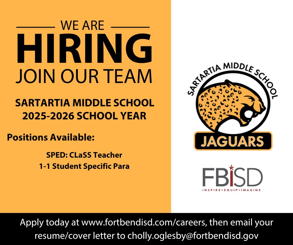🚨 We’re HIRING! 🚨
Join our incredible team at Sartartia Middle School for the 2025–2026 school year! 🐆💛🖤

If you’re passionate about making a difference in students’ lives and ready to join the #BestMiddleSchoolInTexas, we want to hear from you!