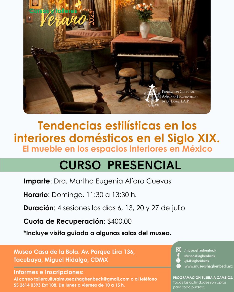 Recuerda que el taller "Tendencias estilísticas..." a cargo de la Dra. Martha Eugenia Alfaro continúa con sus sesiones dominicales y puedes inscribirte a una sesión o a las tres restantes.

Informes al correo tallerculturalmuseoshaghenbeck@gmail.com, o al teléfono 55 2614 0393.