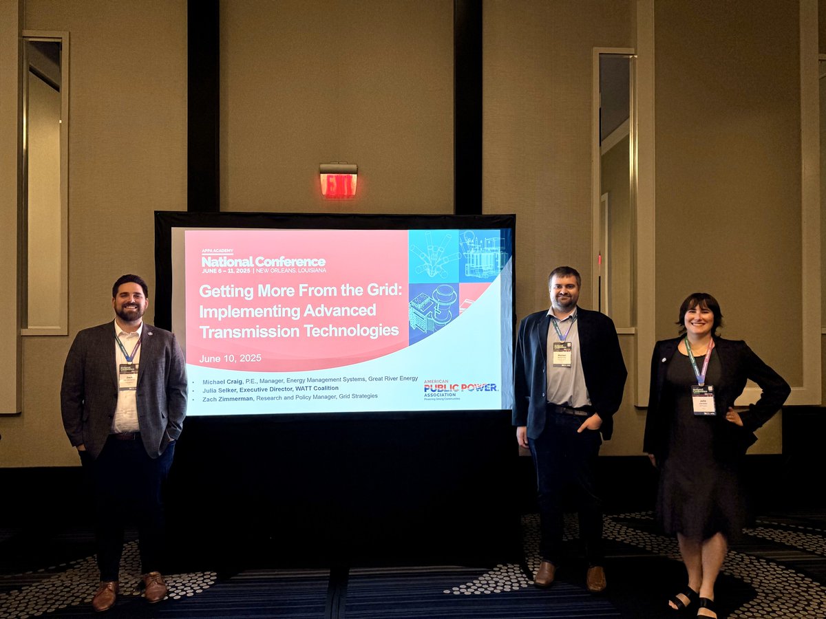WATTCoalition's tweet image. Honored to join an energy-packed panel at @APPA_facilities for our session, “Getting More From the Grid: Implementing Advanced Transmission Technologies” with speakers Michael Craig from @GREnergyNews, our ED @juliaselker, and Zach Zimmerman from Grid Strategies LLC. #DLR #GETs