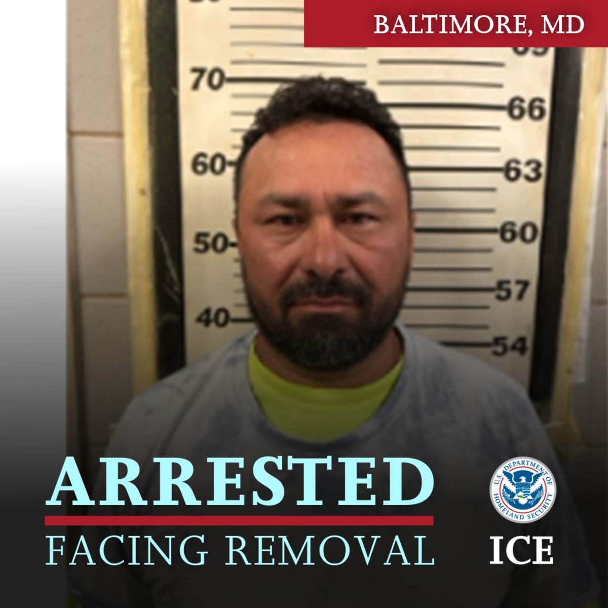 EROBaltimore's tweet image. ICE @EROBaltimore arrested 46-year-old Salvadoran national Erick Antonio Del Cid-Moreno July 8. Del Cid is a validated MS-13 gang member. He was issued a final order of removal and will remain in ICE custody.