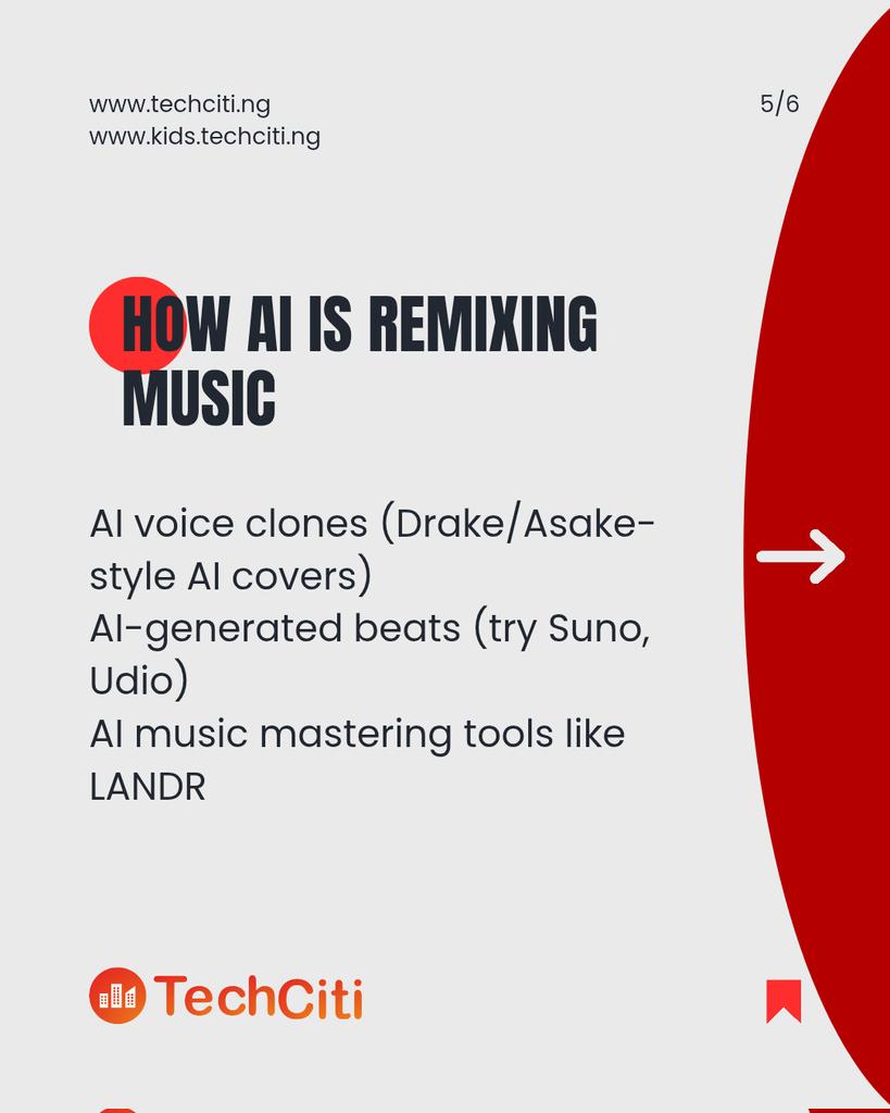 techcitikids's tweet image. Ever vibed to a song and wondered if a human or a machine made it? 👀
From AI-generated beats to home studios on a budget, tech is remixing the music game — and Naija creatives are riding the wave! 🇳🇬🔥

#TechInMusic #AfroTech #MusicMeetsTech #NaijaCreatives #DigitalBeats
