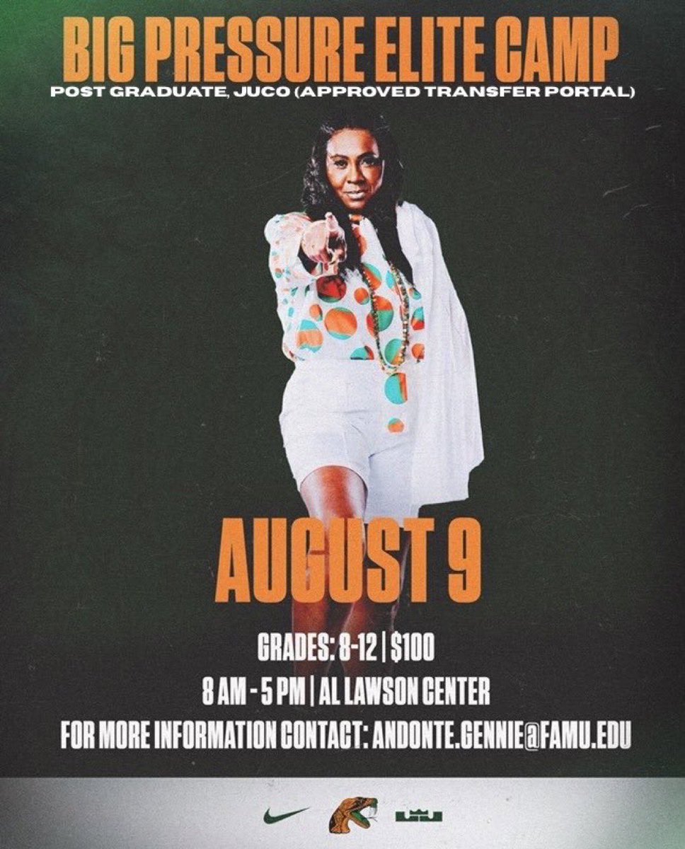 Sleeper Athletes Ladies Basketball (@sathleteslbb) on Twitter photo #FAMU #Rattlers Big Pressure Elite Camp
Contact <a href="/agennie22/">Coach Gennie</a> for more information
๐ Saturday, August 9th
โ๏ธ 8AM-5PM
๐๏ธ Al Lawson Center
1800 Wahnish Way
Tallahassee, FL 32310
<a href="/CoachBGordon/">coach_bigpressure๐งก๐</a> | <a href="/FAMU_WBB/">Florida A&M Womenโs Basketball ๐</a> ๐งก๐๐ #FAMU #Rattlers Big Pressure Elite Camp
Contact <a href="/agennie22/">Coach Gennie</a> for more information
๐ Saturday, August 9th
โ๏ธ 8AM-5PM
๐๏ธ Al Lawson Center
1800 Wahnish Way
Tallahassee, FL 32310
<a href="/CoachBGordon/">coach_bigpressure๐งก๐</a> | <a href="/FAMU_WBB/">Florida A&M Womenโs Basketball ๐</a> ๐งก๐๐