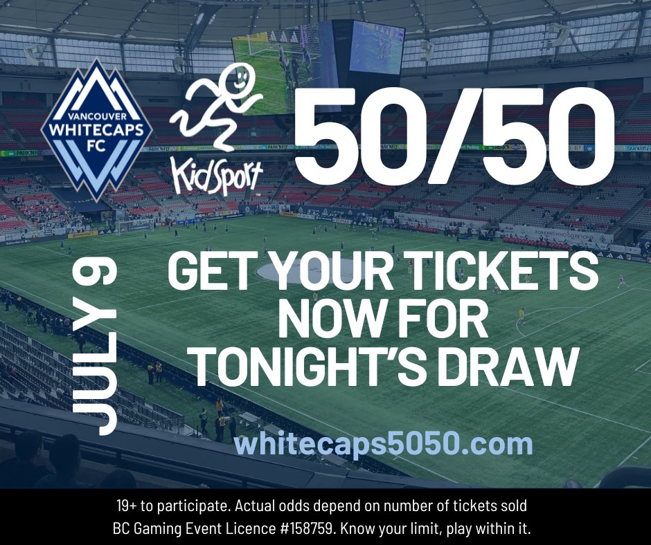 It's 5️⃣0️⃣/ 5️⃣0️⃣ time! Get your tickets now for tonight's draw as <a href="/WhitecapsFC/">Vancouver Whitecaps FC</a> take on Valour FC in the Canadian Championship Quarterfinal at @BCPlace. Buy now for a chance to win at whitecaps5050.com.

#SoALLKidsCanPlay #5050raffle #VWFC