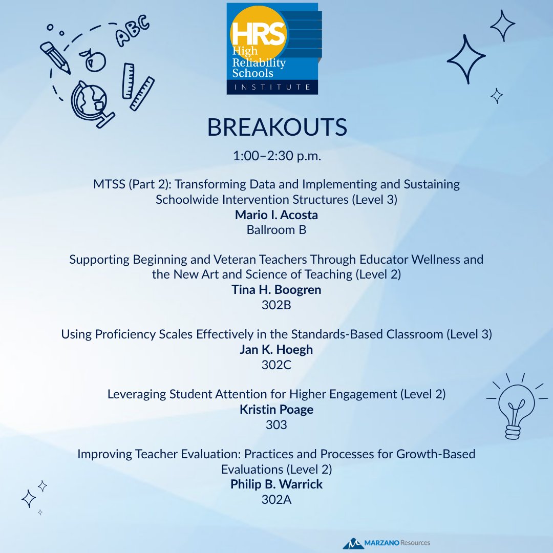 MarzanoResource's tweet photo. So much great energy and learning at the #HRSInstitute today. 💡 What's one insight you gained during Day 1? Share in the comments!
Looking forward to Day 2. Here's what's coming up! 👀⬇️
#HighReliabilitySchools #Education #SchoolImprovement #EduEvent https://t.co/dX90I4SJNU