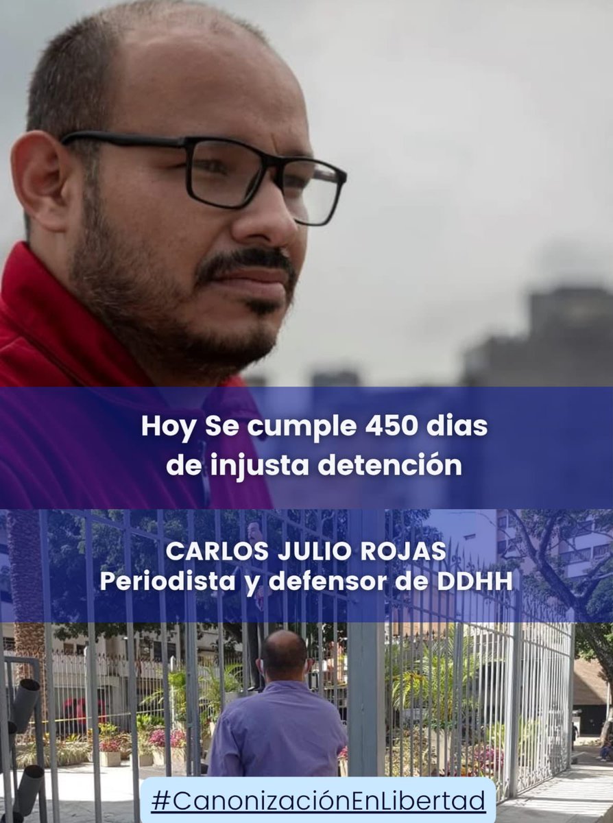 450 días preso por soñar con una Venezuela libre. Carlos Julio, periodista y luchador social, no está solo. Su voz sigue viva en cada conciencia que no se rinde. La justicia calla, pero la memoria no olvida. #LibertadParaCarlosJulio