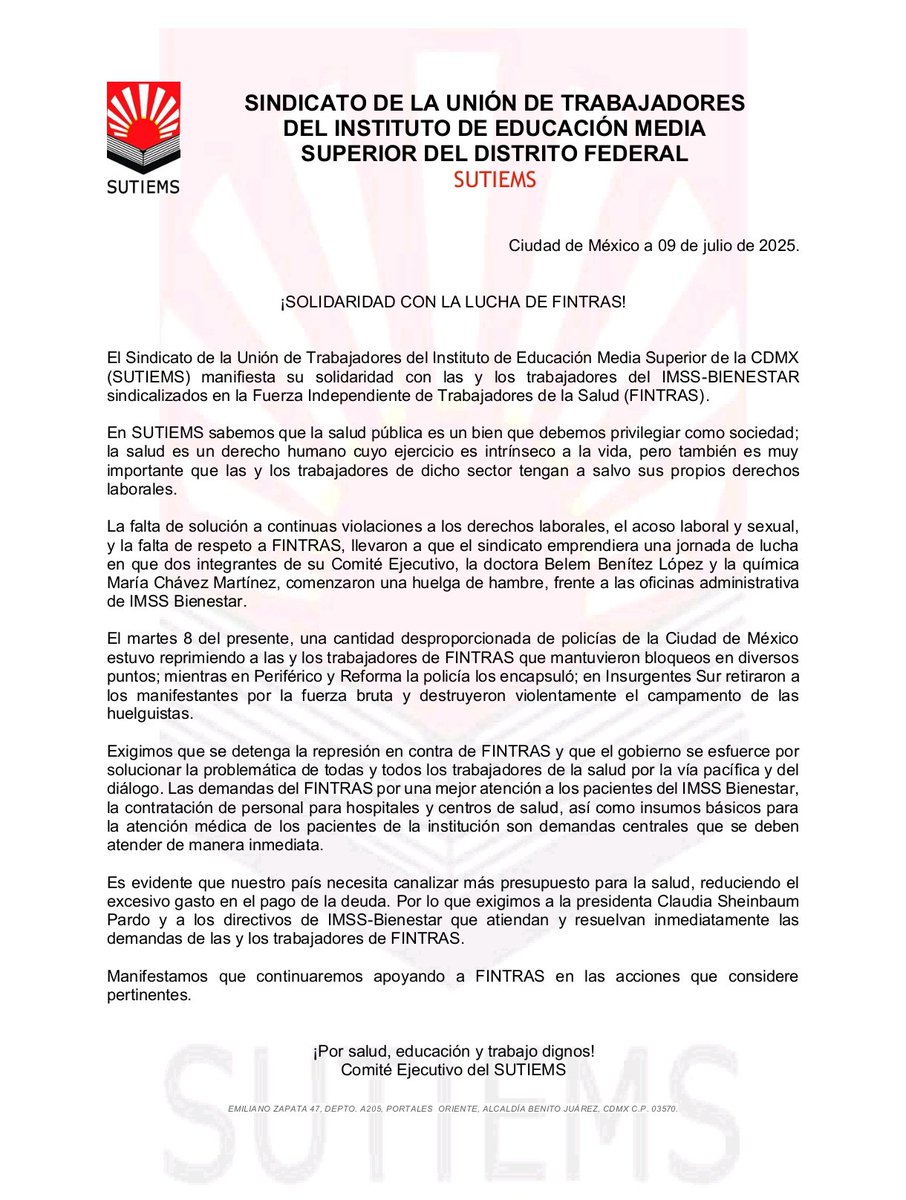 Solidaridad con la lucha de las y los trabajadores de #FINTRAS

<a href="/Claudiashein/">Claudia Sheinbaum Pardo</a> solución a las demandas

<a href="/lhan55/">Luis Hernandez N</a> <a href="/PdPagina/">Pie de Página</a> <a href="/proceso/">Proceso</a> <a href="/lasillarota/">La Silla Rota</a> <a href="/LaIzqDiarioMX/">Izquierda Diario MX</a> <a href="/VIM_Media/">Voices in Movement</a> <a href="/Somoselmedio/">Somos el Medio</a> <a href="/Desinformemonos/">Desinformémonos</a> <a href="/elmachete_mx/">El Machete</a> <a href="/julioastillero/">Julio Astillero</a>
