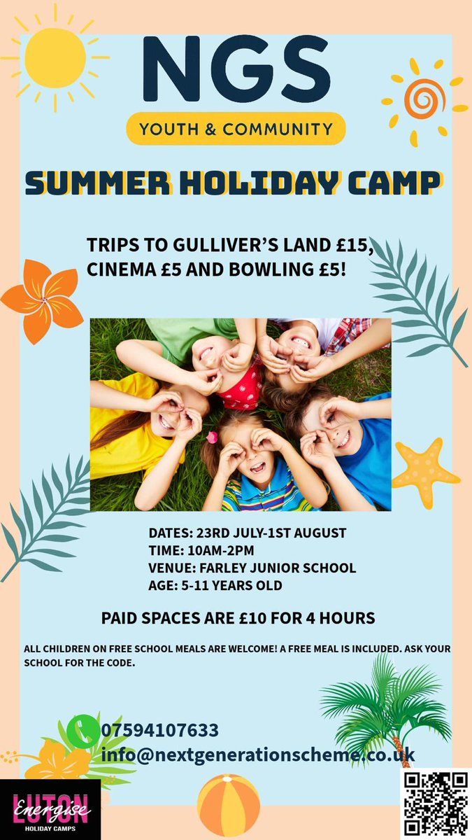 Next Generation Scheme (@nextgenscheme) on Twitter photo ☀️ NGS Youth & Community Summer Holiday Camp! ☀️
📍 Farley Junior School
🗓️ 23rd July - 1st August
⏰ 10 AM - 2 PM
👧👦 Ages 5-11 years old
Limited spaces – sign up today!
📞 07594107633
📧 info@nextgenerationscheme.co.uk
#NGSHolidayCamp #SummerFun #YouthActivities ☀️ NGS Youth & Community Summer Holiday Camp! ☀️
📍 Farley Junior School
🗓️ 23rd July - 1st August
⏰ 10 AM - 2 PM
👧👦 Ages 5-11 years old
Limited spaces – sign up today!
📞 07594107633
📧 info@nextgenerationscheme.co.uk
#NGSHolidayCamp #SummerFun #YouthActivities