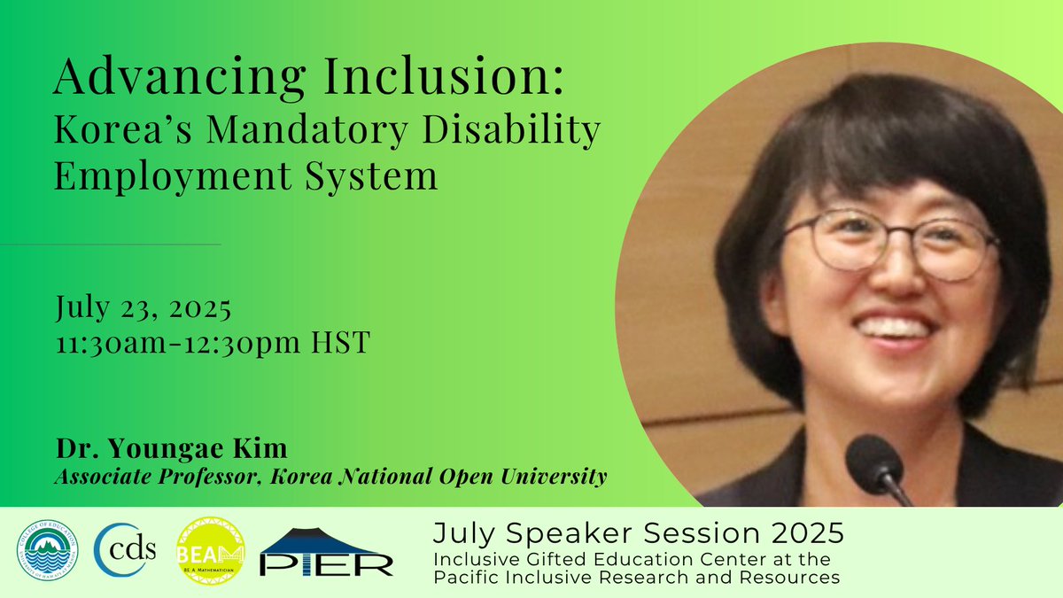Join Achievements and Challenges of Korea’s Mandatory Disability Employment System by Dr. Kim on 7/23, 11:30am-12:30pm HST at go.hawaii.edu/Rar

We will examine key policies with mandatory hiring requirements, employment promotion programs, and support systems for employers
