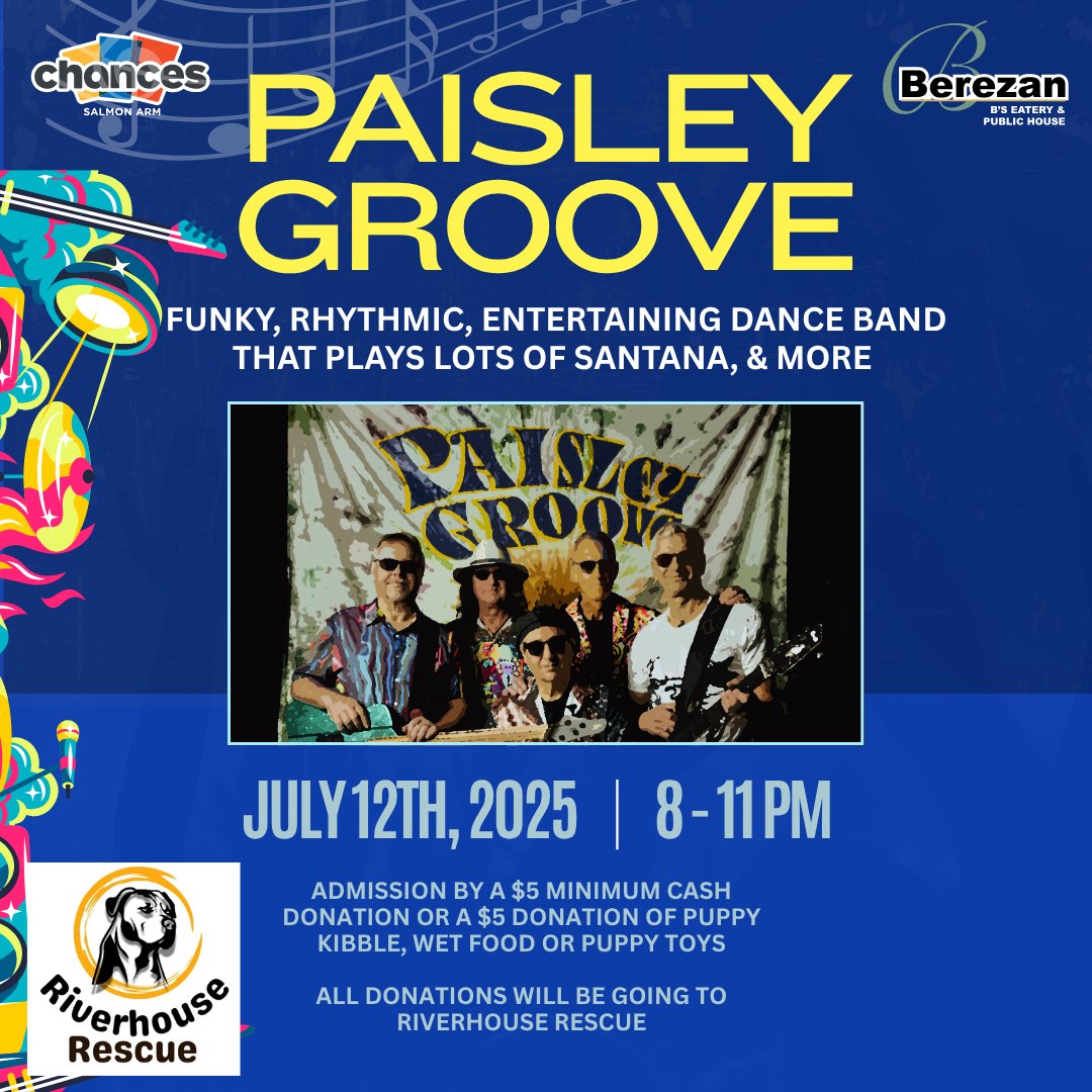 SA_Chances's tweet photo. Join us on July 12 from 8-11 PM for a night of funky rhythms &amp; entertaining beats with Paisley Groove! 💃

Admission is a minimum $5 cash donation or a $5 donation of puppy kibble, wet food, or toys. Your generosity will support Riverhouse Rescue &amp; help furry friends in need. 🐶 https://t.co/3obFBxabRq