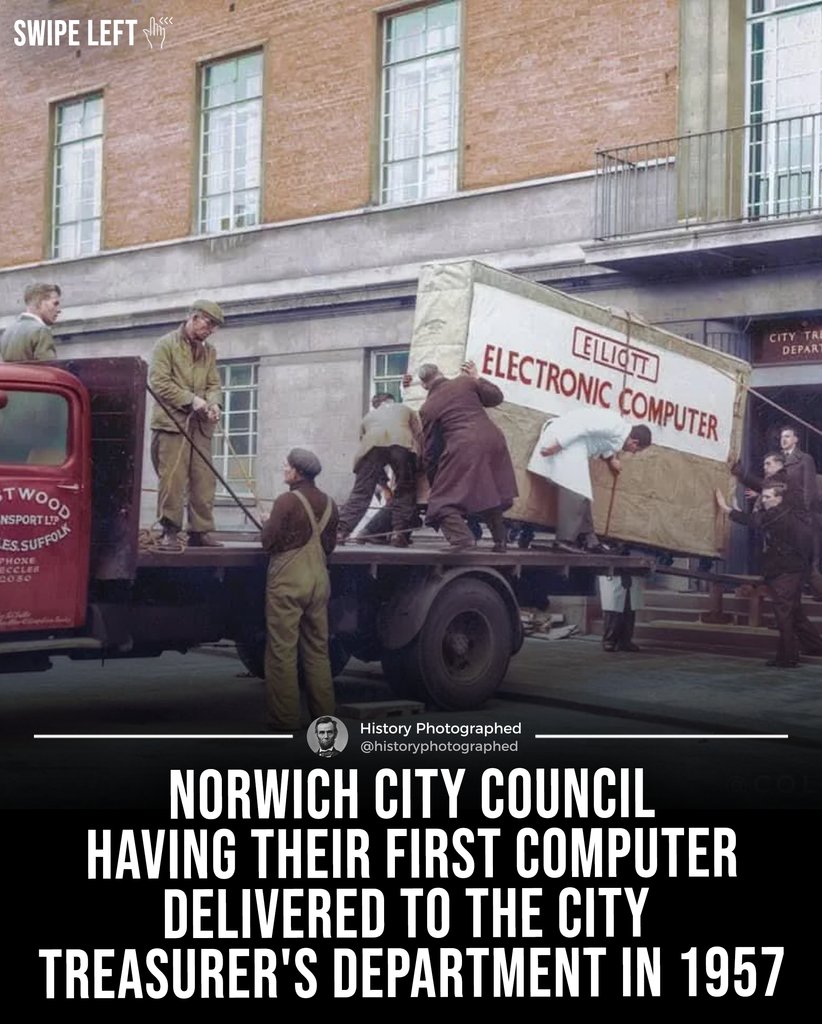 HistoryInPics's tweet photo. In 1957, Norwich City Council got its first computer, an Elliott 405. Fourteen staff moved the massive machine into the Treasurer's Dept. Used for payroll and taxes, Norwich became one of the first UK councils to go digital, modernizing public administration. https://t.co/dW3wHuBfzo