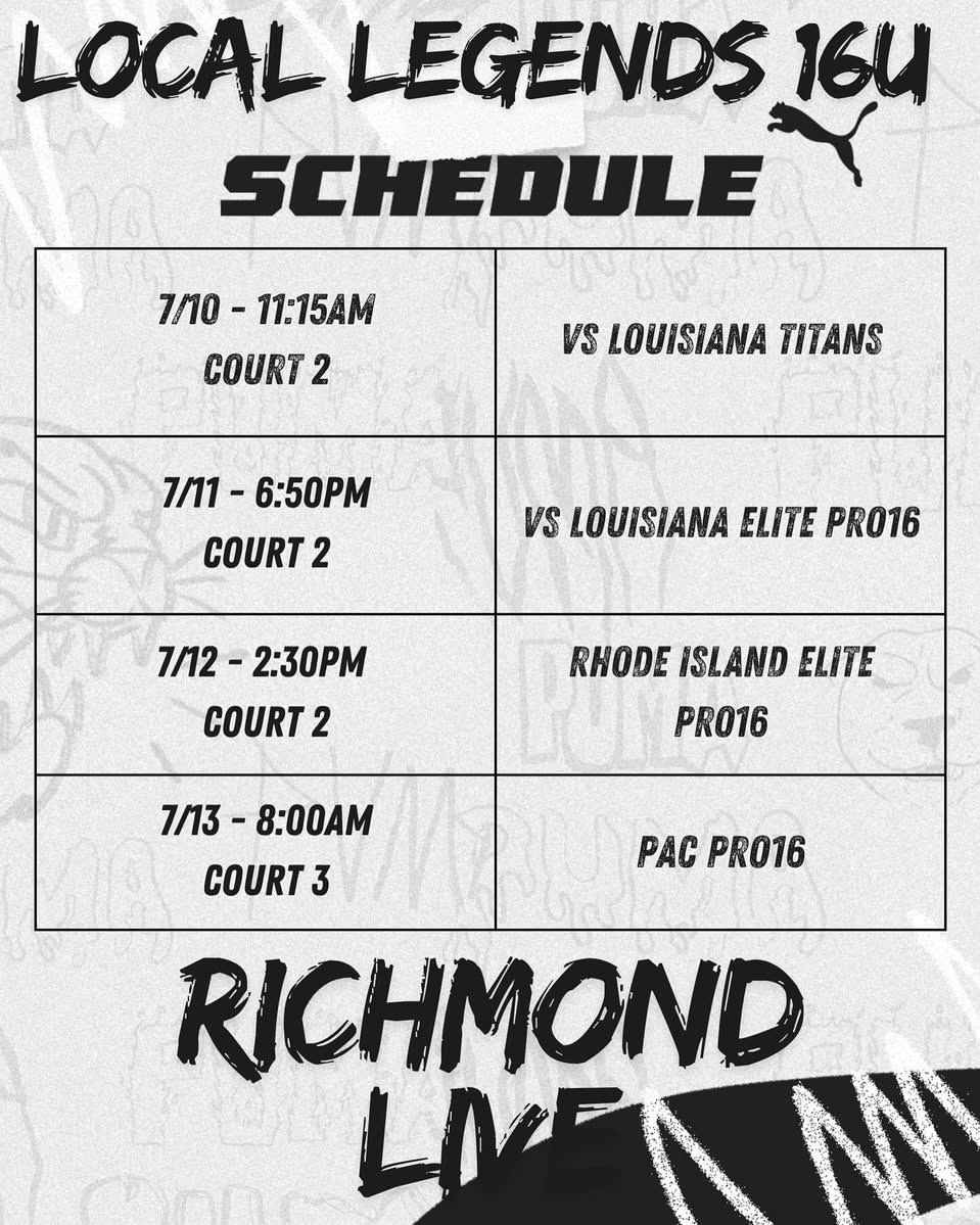 Puma Pro16 Richmond live at Henrico sports center! Come watch me compete with Local Legends 16U.
<a href="/CoachMDixon/">CoachMDixon</a> @LocalLegendsNXT