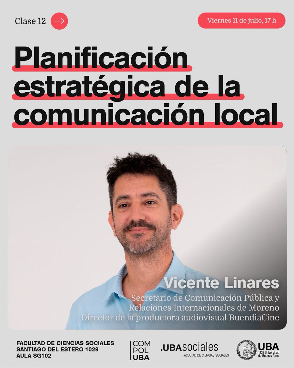 🗣️PLANIFICACIÓN DE LA COMUNICACIÓN LOCAL

En el próximo encuentro de la Diplomatura vamos a recibir a Vicente Linares para aprender sobre planificación estratégica de la comunicación local. 

📆 11/7
🕣 17 hs.
📍 SG 102
